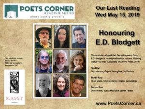 collage of nine readers who honoured e.d. blodgett at Poets Corner