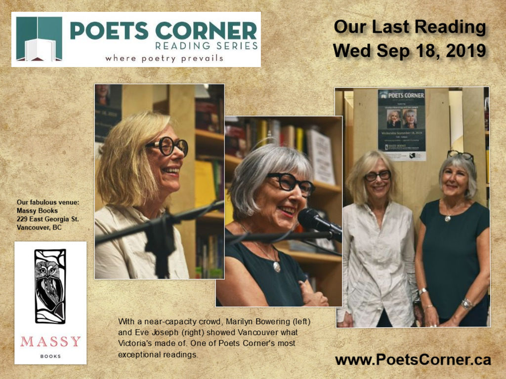 collage showing marilyn bowering and eve joseph reading at poets corner on Sep 18