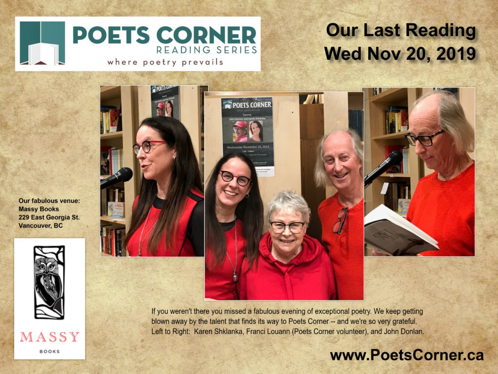 photo of featured poets reading at poets corner on Wed Nov 20, 2019