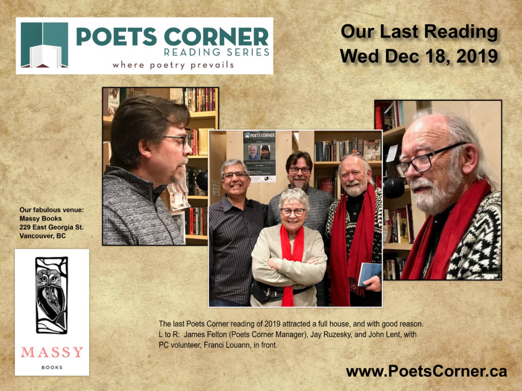 photo collage of poets Jay Ruzesky and John Lent reading at Poets Corner on Wed Dec 18 2019.