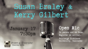 Poetry Reading poster for January 17, 2024 in Vancouver with Susan Braley and Kerry Gilbert